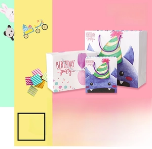 Three sizes of cartoon monster gift bags with purple watercolor art and handles