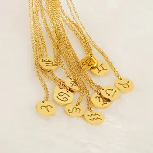 Collier Signe Astrologique En Acier Inoxydable Plaqué Or 18K Pendentif Rond Évidé Constellation Bijoux Fins Pour Femmes