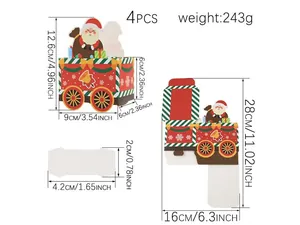 Detailed dimension guide for Christmas train advent calendar boxes including 3D and flat sizes