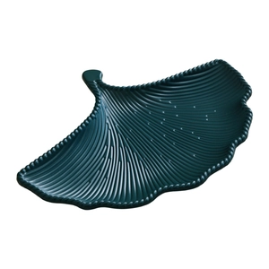 Dark green ginkgo leaf shaped ceramic serving tray with realistic vein textures