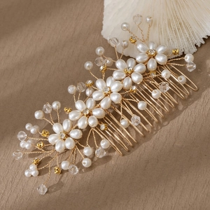 Peine De Pelo Novia Hecho A Mano Cristal Imitación Perla Artificial Diamante De Imitación Diseño Flor Hoja Para Accesorios Banquete Boda Mujeres