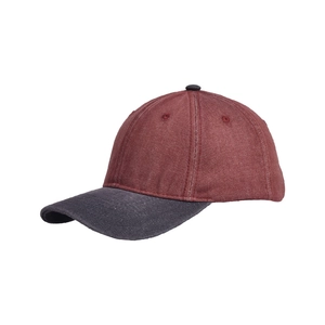 Detail of vintage washed denim baseball cap with contrast brim and breathable eyelets