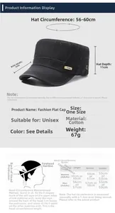 Size guide for vintage military cap with head circumference measurements from 56 to 60cm