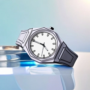 Macro detail of the silver polygonal watch case with minimalist white dial and black strap