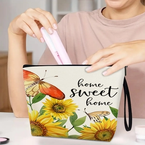 Sunflower 3D print makeup bag with butterfly and home sweet home text in usage