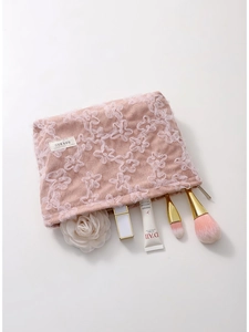 Pink corduroy makeup bag with 3D lace flower embroidery and top zipper closure