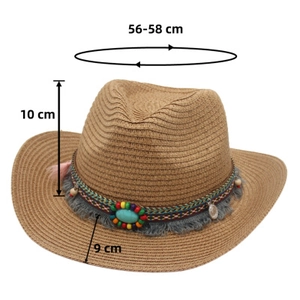 Detailed view of straw cowboy hat with turquoise, ethnic fringe and size dimensions