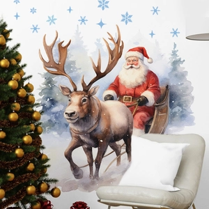 Watercolor Christmas wall stickers featuring Santa Claus and reindeer for living room decor