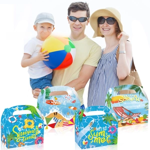 Set of four summer beach themed paper gift boxes with handles for holiday party treats