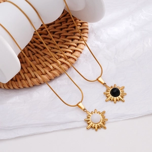 Golden sunburst pendant necklaces with natural stone inlay on elegant snake chains