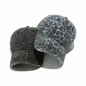 Washed leopard print baseball caps in dark grey and blue grey colors with curved brim
