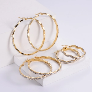 Wave Shaped Hoop Earrings Gold Plated Stainless Steel Rhinestone Inlaid Sparkling Fashion Jewelry For Women
