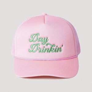 Detail of pink trucker hat with green Day Drinkin' embroidery and woven rope trim
