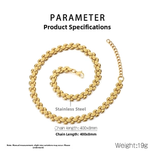 Macro detail of gold stainless steel watchband chain necklace with dimensions 400mm by 8mm