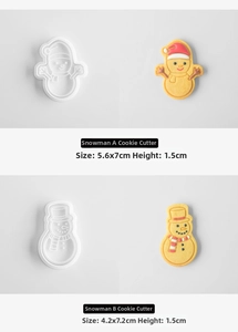 Detailed view of snowman cookie mold set with food-grade plastic press stamps