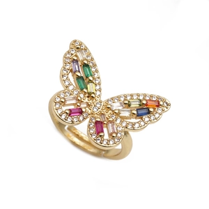 Fashionable adjustable butterfly ring with vibrant multicolor zircons and gold plating