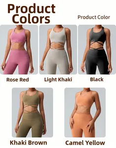Detailed grid showing five color options of high-elasticity racerback sports bras and leggings