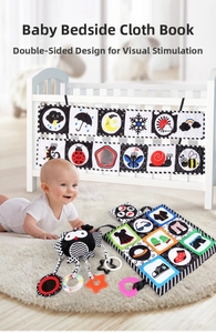 Infant sensory cloth book set with high-contrast patterns and plush owl hanging toy
