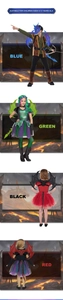 Detailed views of dragon wings and mask costumes in blue, green, black and red colors