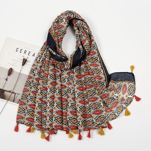 Detail of bohemian geometric print scarf with colorful tassel edges and cotton linen texture
