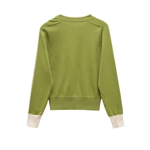 Minimalist grass green crewneck knit sweater with off-white ribbed trim back view