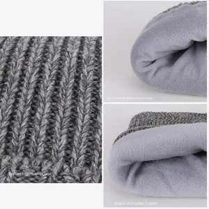 Winter thermal grey knitted hat and neck warmer set with thick plush lining for men
