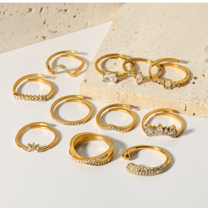 Flat lay of gold plated irregular zircon ring set on a natural stone background