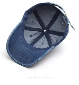 Detailed interior of a blue denim baseball cap showing six-panel stitching and air vents