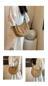Detail of bohemian straw saddle bag featuring leather straps and spacious woven design