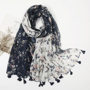 Floral cotton linen scarf with fringe tassels and navy white patchwork design