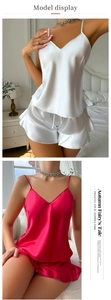 Detailed close-up of silk satin camisole set with ruffles in white and burgundy
