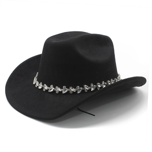 Classic black cowboy hat with a sparkling rhinestone band and wide brim for fashion
