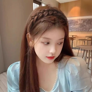 Natural brown fishtail braid headband on model for a high skull top hairstyle look