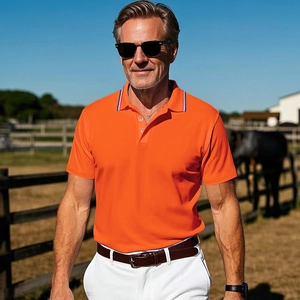 Close-up of bright orange men's polo shirt featuring striped collar detail and buttons