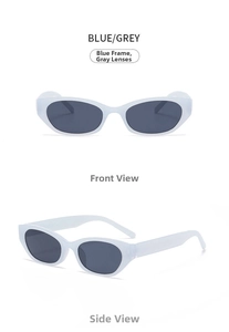 Front and side view of slim blue oval sunglasses with grey lenses and plastic frames