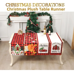 Detail view of festive Christmas table runners with Santa and reindeer motifs on short plush