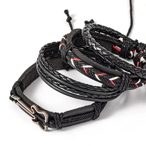 Men's black multilayer leather bracelet set with woven ropes and guitar metal charm