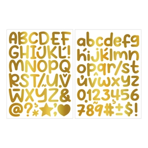 Close-up of 1-inch metallic gold alphabet and number stickers for DIY water bottles