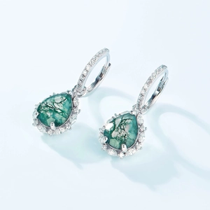 Pear-cut green moss agate drop earrings in S925 sterling silver with micro-paved diamonds
