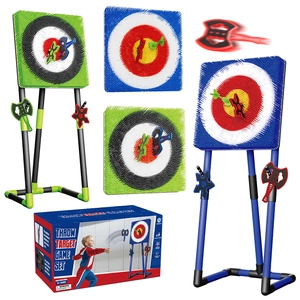 Dual throw target game set with tripods, axes and star darts for indoor outdoor play