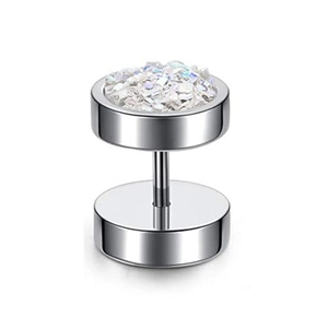 Macro detail of dumbbell stud earring featuring iridescent crystal and polished steel