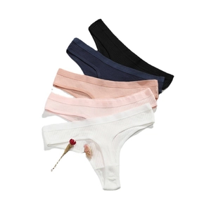 Lot de 5 tangas en coton côtelé pour femmes en noir, bleu, nude, rose et blanc