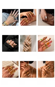 Collage of vintage gold and silver stainless steel rings with natural stone details