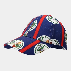 Detail view of the Belize flag crest print and red stripes on a navy blue baseball cap