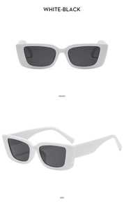Front and side views of fashionable white chunky square sunglasses with dark black lenses