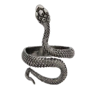 Vintage punk silver snake ring with detailed scale texture and adjustable open band design