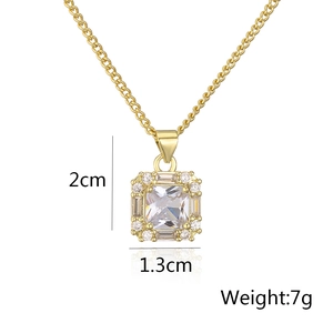 Detail view of 18K gold plated square zircon pendant with dimensions 2cm by 1.3cm