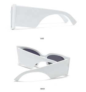 Detailed side and back views of trendy white oversized geometric fashion sunglasses