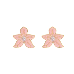 Golden flower stud earrings with pink enamel and sparkling teardrop zircon centers