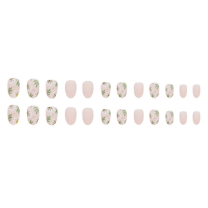 24pcs nude pink short oval press on nails with cute matte daisy floral designs